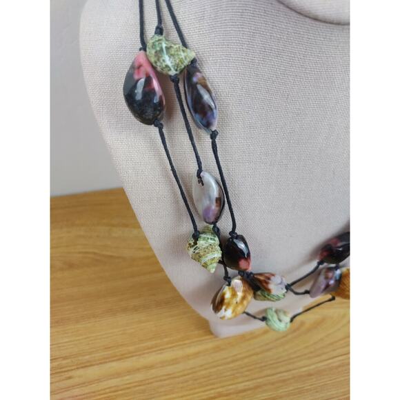 Colorful Shell Multi Strand Statement Necklace Black Cord Lobster Clasp - Picture 4 of 5